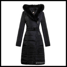 Popular fashion brand long women duck down jacket with fur trim hood